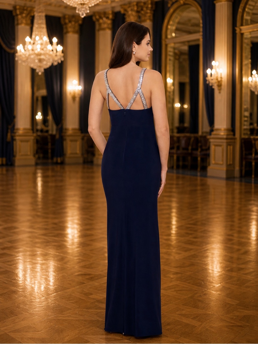 Rhinestones HIGH NECK SIDE RUCHED GOWN size 8 nwot - Picture 3 of 14